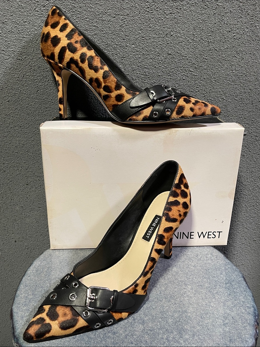 Nine West Leopard-Print Pointed Toe Pumps with Black Strap SZ 10